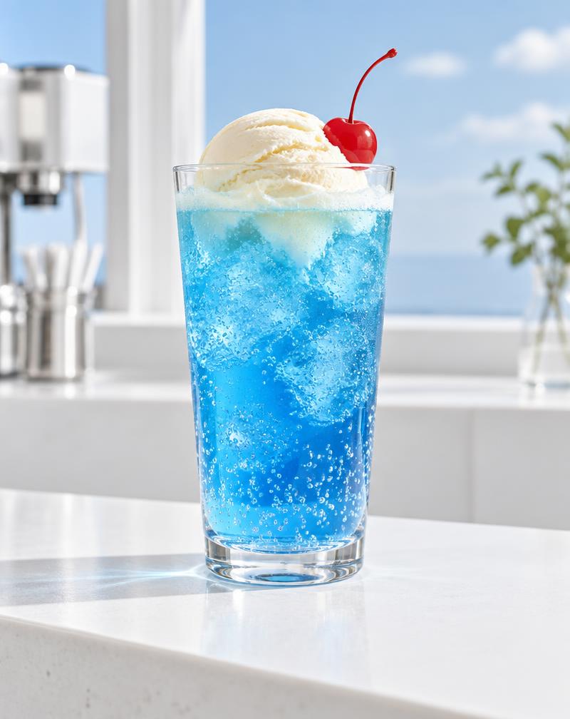Blue soda float with a scoop of vanilla ice cream and a cherry