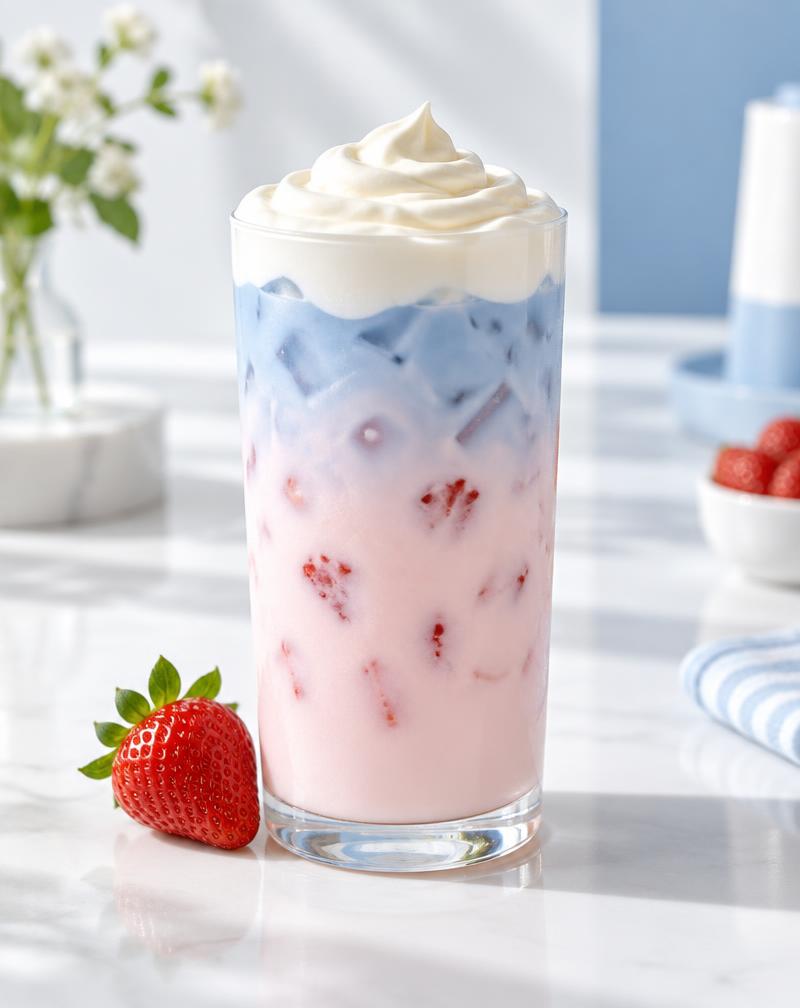 Layered blue strawberry latte topped with a thick cloud of cold cream