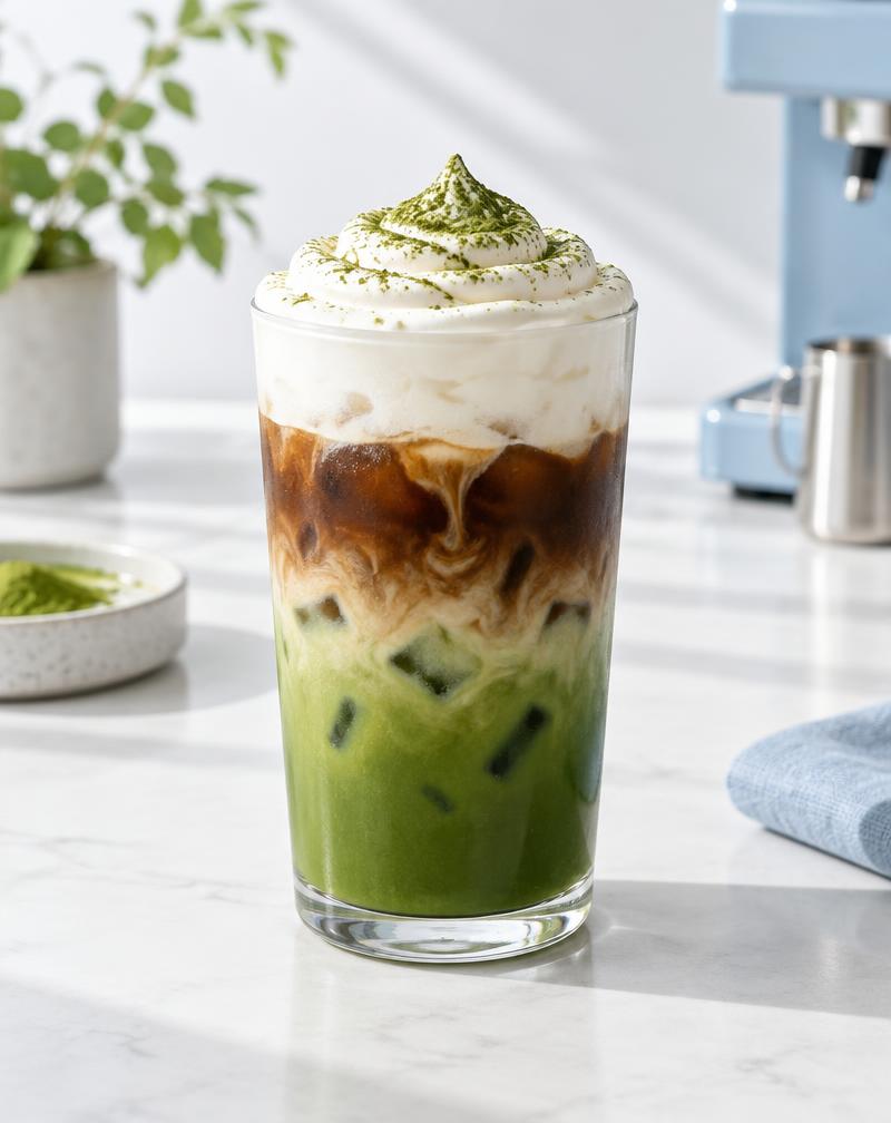 Layered coffee matcha latte with a thick cold cream top